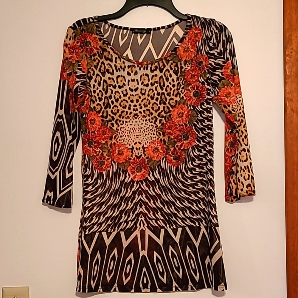 Mesmerize  orange & brown mixed floral pattern mesh top Sz M